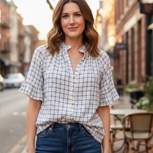Philosophy Blue and White Checkered button up front Blouse NWT
